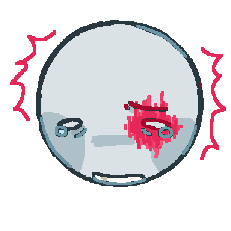 A ms paint style drawing of the head of a grey person who is wincing in pain. There is a small red spiky blob around their right eye to represent pain.